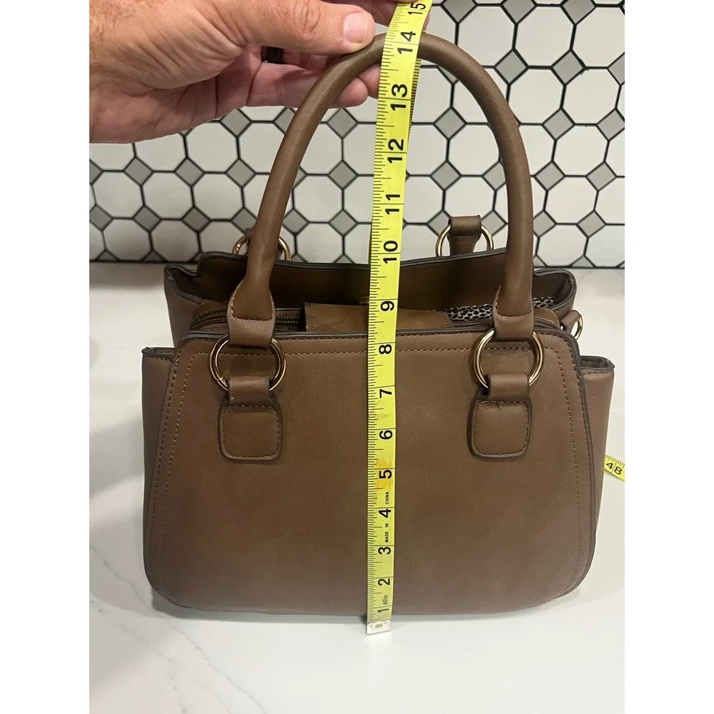 Brown Faux Leather Satchel Handbag Gold Hardware Cheetah Print Lining Tote Bag